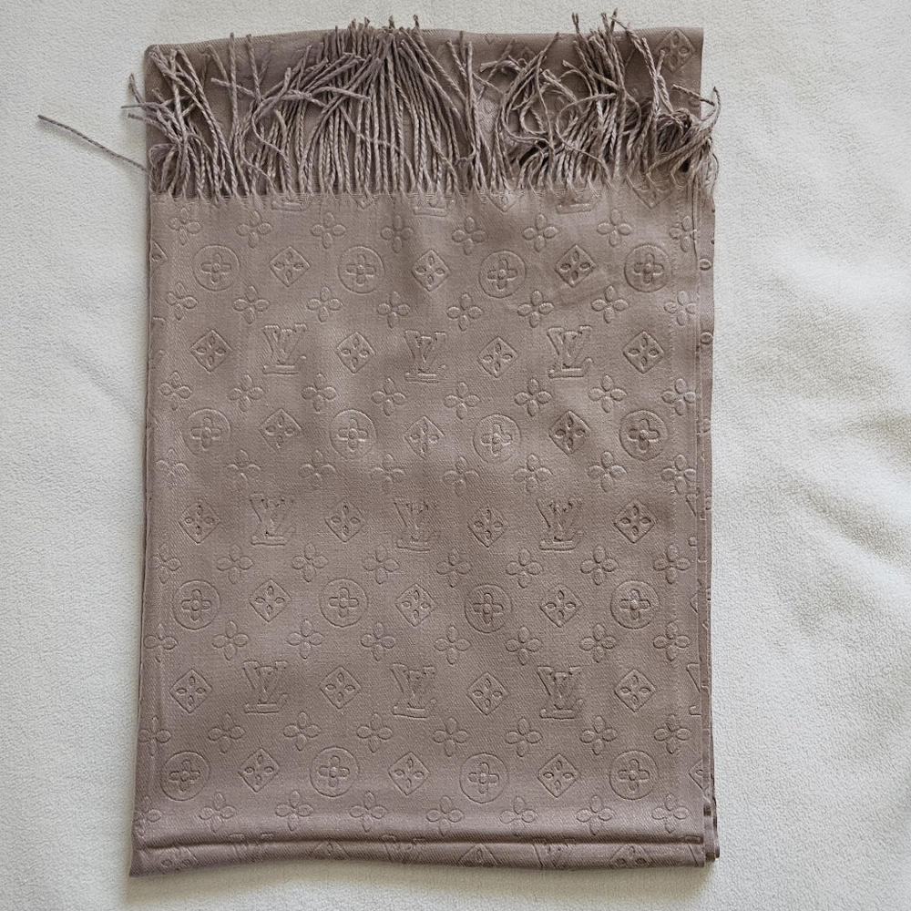 LV LIKE Taupe Monogram Fringe Scarf